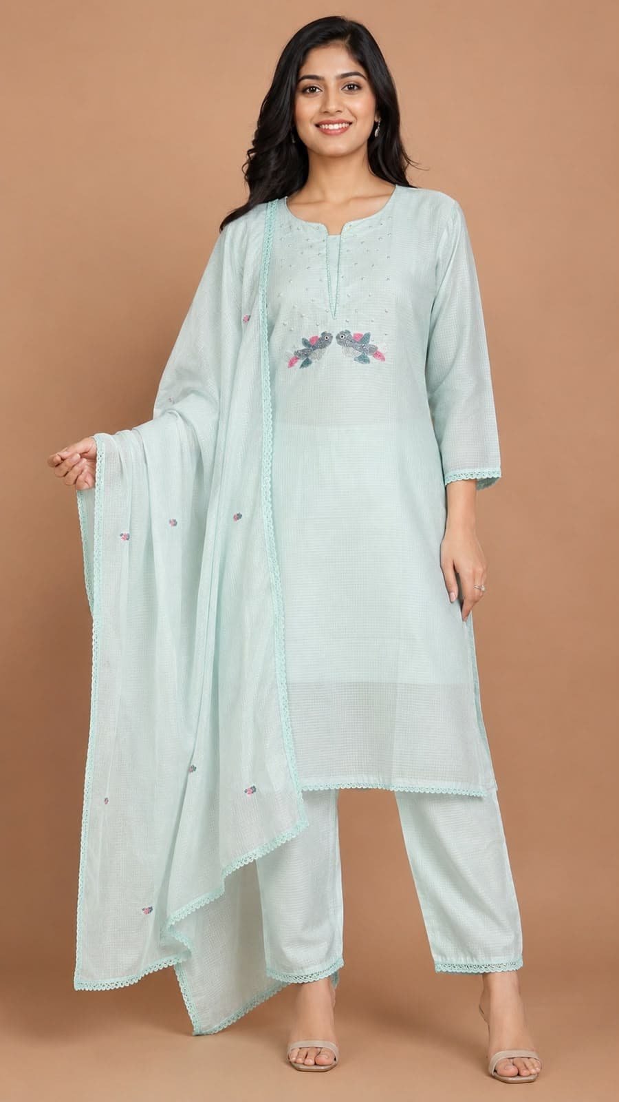 Women's Light Blue Embroidered Kurtha Set with Dupatta | Elegant Ethnic Wear