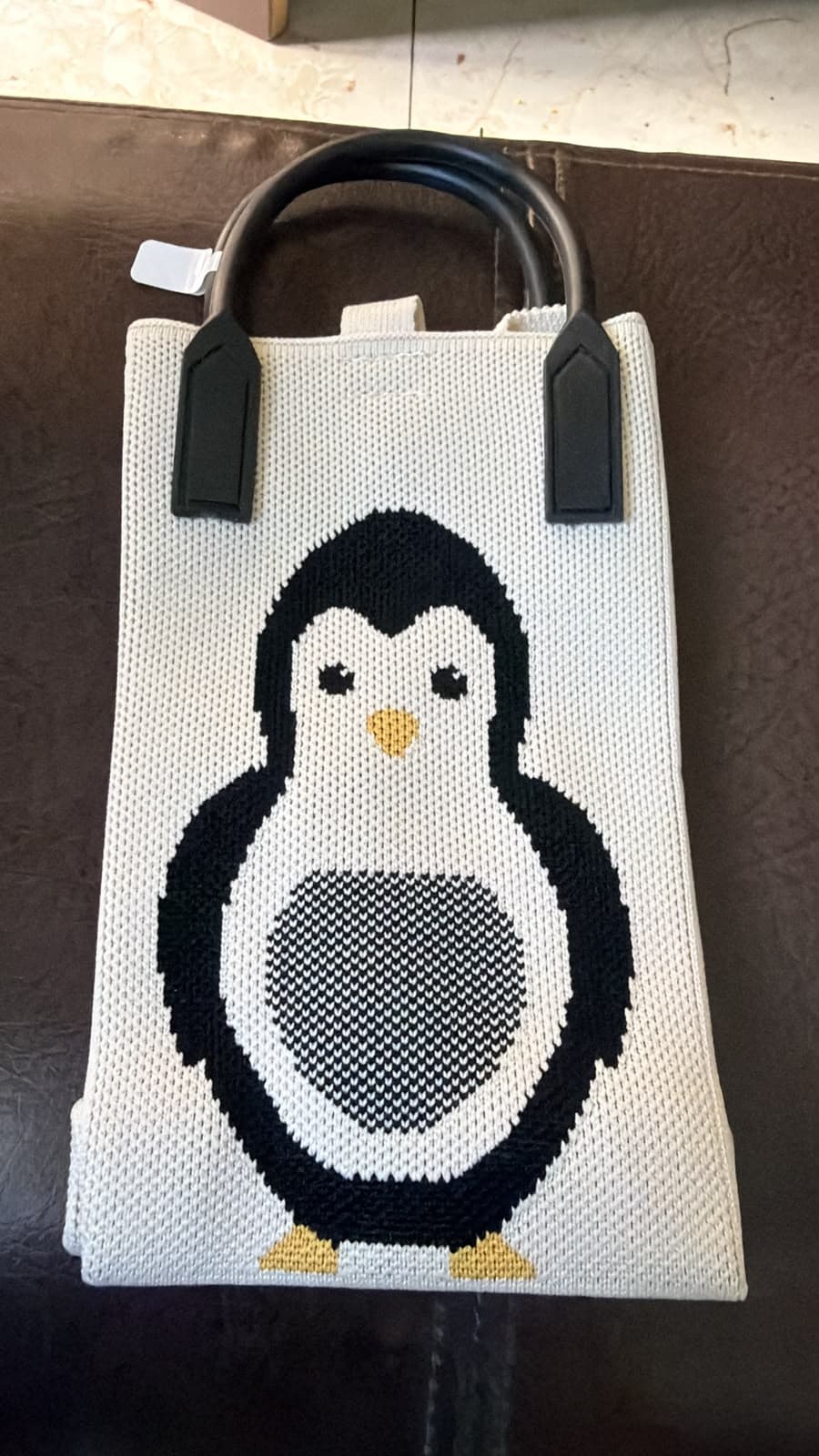 No Brand Cute Knit Tote Bag Featuring Penguin Graphic | Soft Reusable Shoulder Bag daily essentials & lifestyle