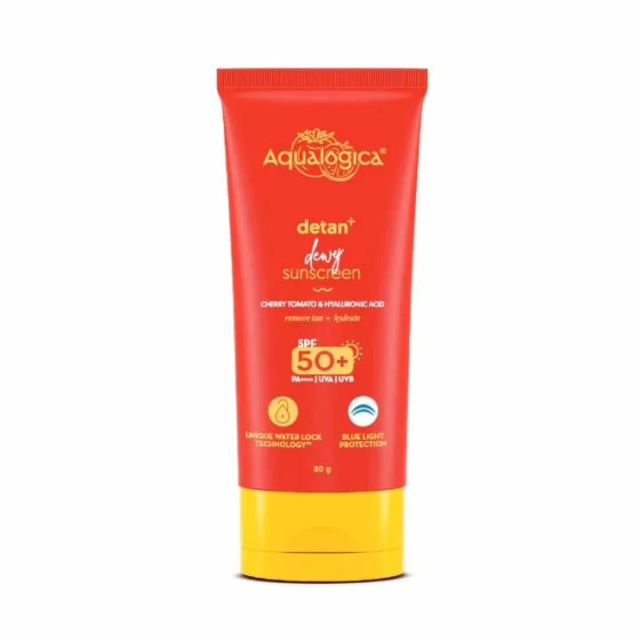 Aqualogica Detan+ Dewy Sunscreen SPF 50 PA++++ with Cherry Tomato & Hyaluronic Acid – 80gm