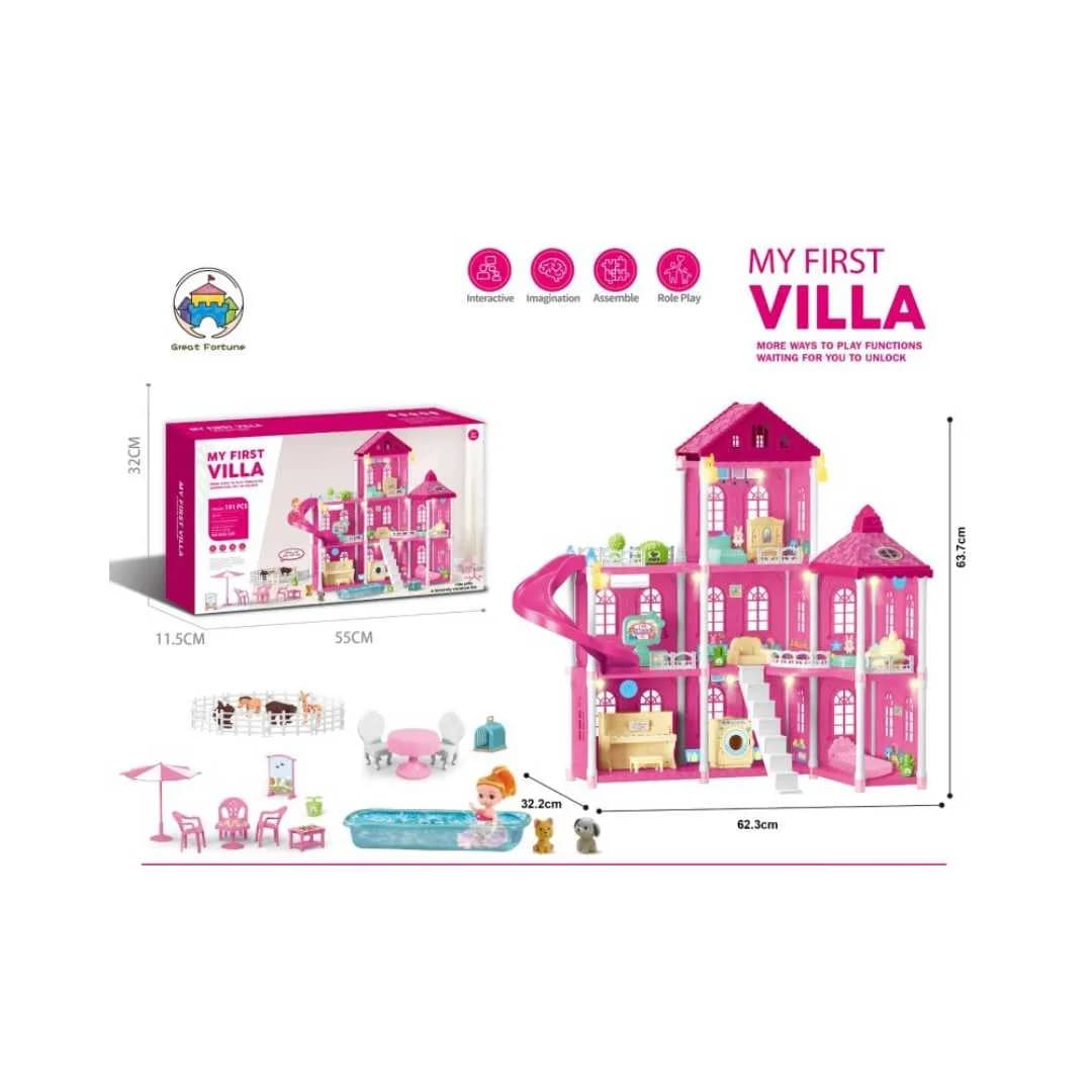My First Villa 191PCS Dollhouse Set – 3-Floor Interactive Play House with Piano, Pool & Pet Figures
