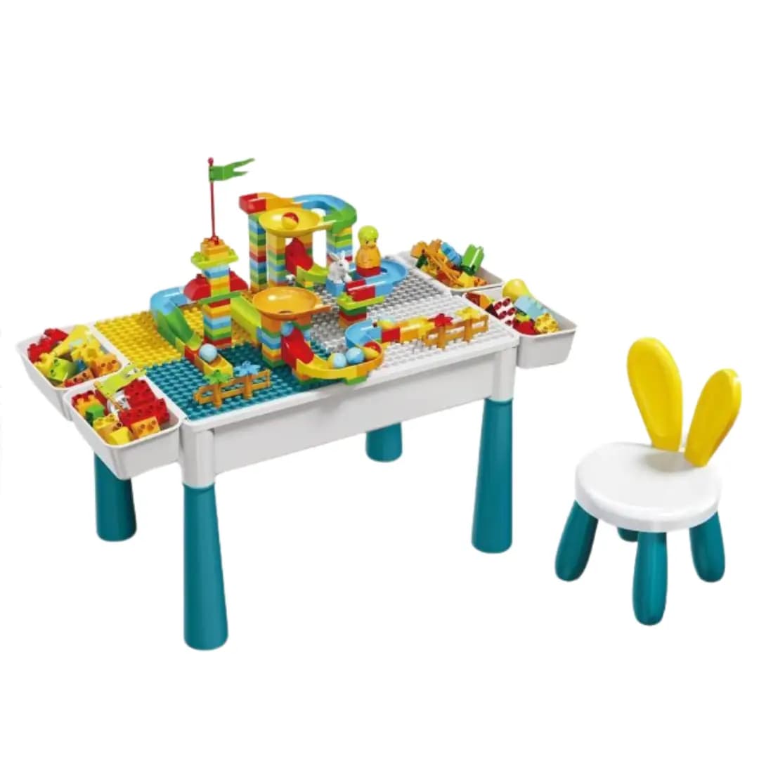 Large 2-in-1 Building Blocks Table with 220+ Blocks & Bunny Chair for Kids