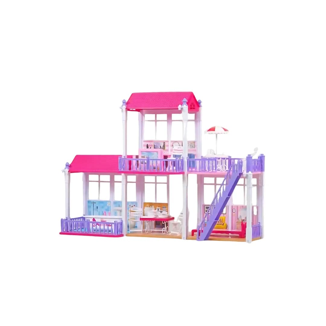 Large DIY Fashion Villa Dollhouse Set – 140+ Piece 3-Story Miniature Dream House with LED Lights & Furniture