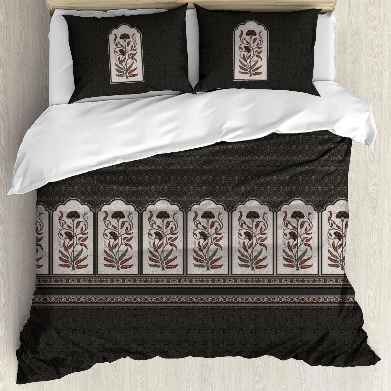 Premium Brown Geometric Patchwork Cotton King Size Bedsheet with Designer Pillow Covers (108 x 108 Inches)