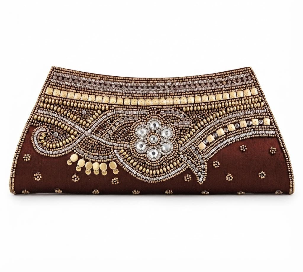 Brown Beaded & Sequined Evening Clutch Bag with Floral Embellishment | Party & Wedding Handbag