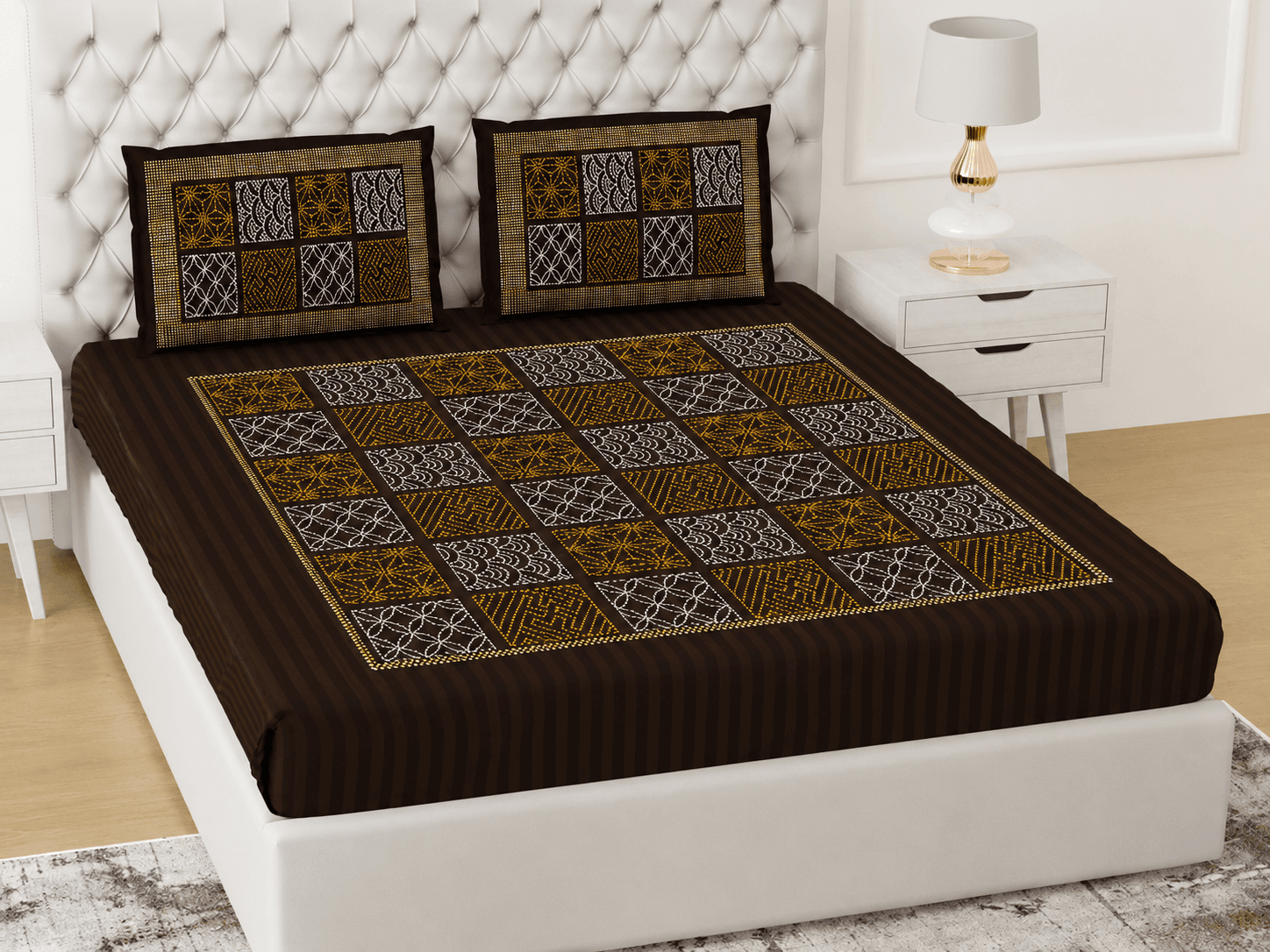 Brown Geometric Patchwork Print Cotton Double Bedsheet with 2 Designer Pillow Covers