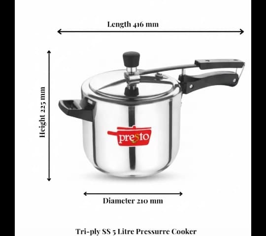 Presto Presto Triply Stainless Steel Classic Inner Lid Pressure Cooker 5 Litre | Induction Compatible | Heavy Duty SS…