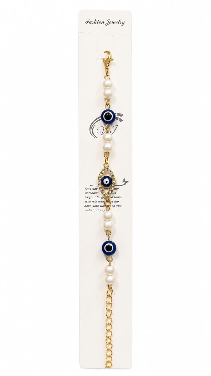 No Brand Gold-Tone Rhinestone Heart Evil Eye & Bell Charm Bracelet on Card | Fashion Jewelry daily essentials & lifestyle