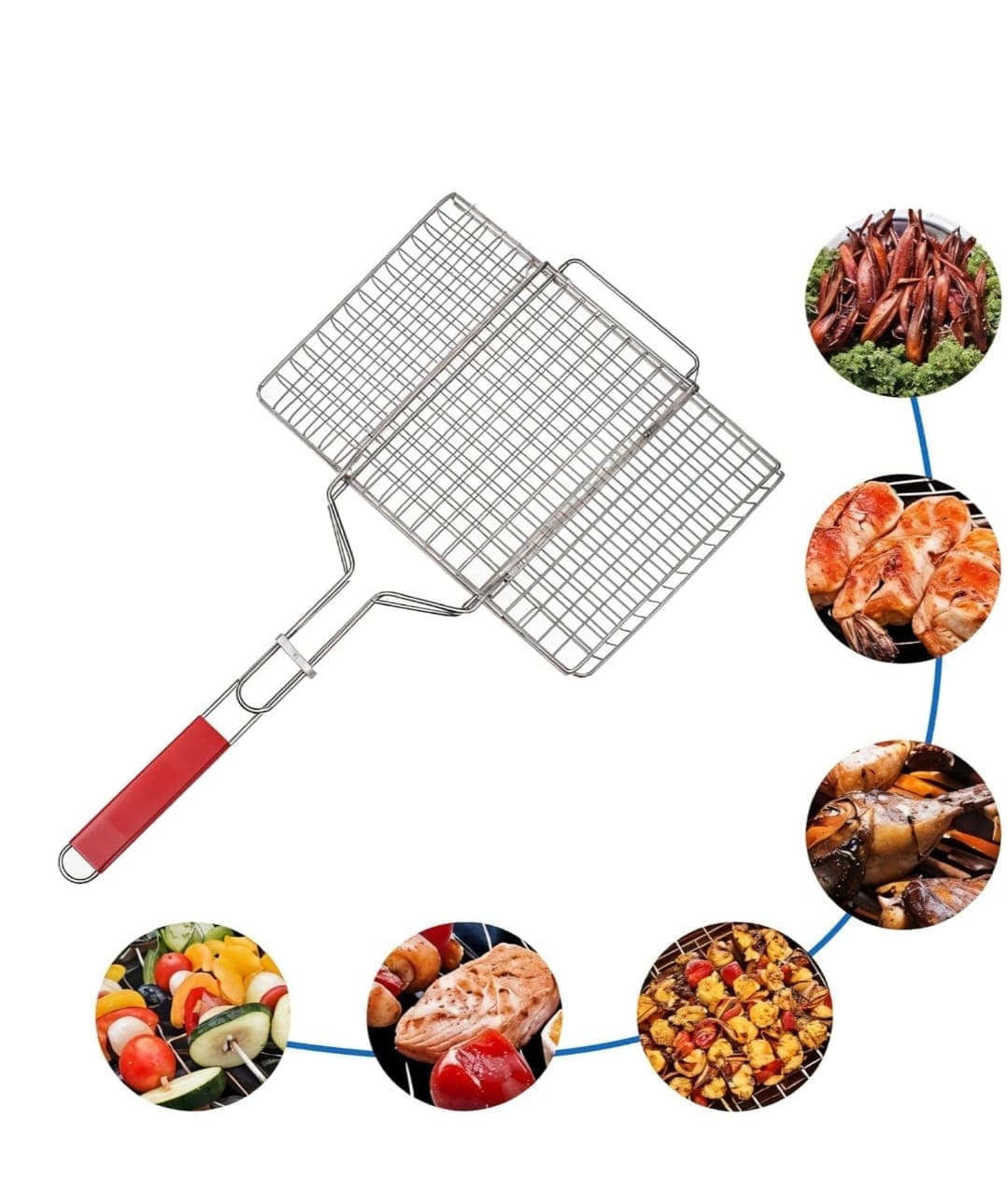 No Brand Portable BBQ Grilling Basket with Red Handle | Stainless Steel Grill Basket for Meat, Vegetables & Outdoor…