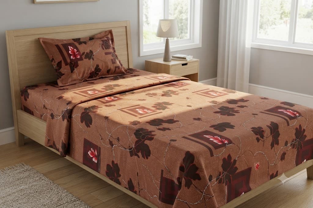 Brown Floral & Geometric Print Cotton Bedsheet Set (Single 4 x 6 ft)