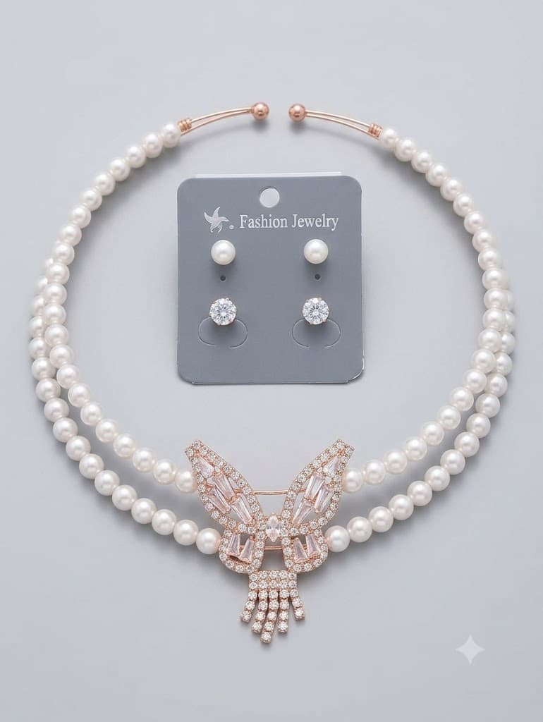 Double-Strand Pearl Butterfly Choker Set – Elegant Layered Pearl Necklace with Earrings
