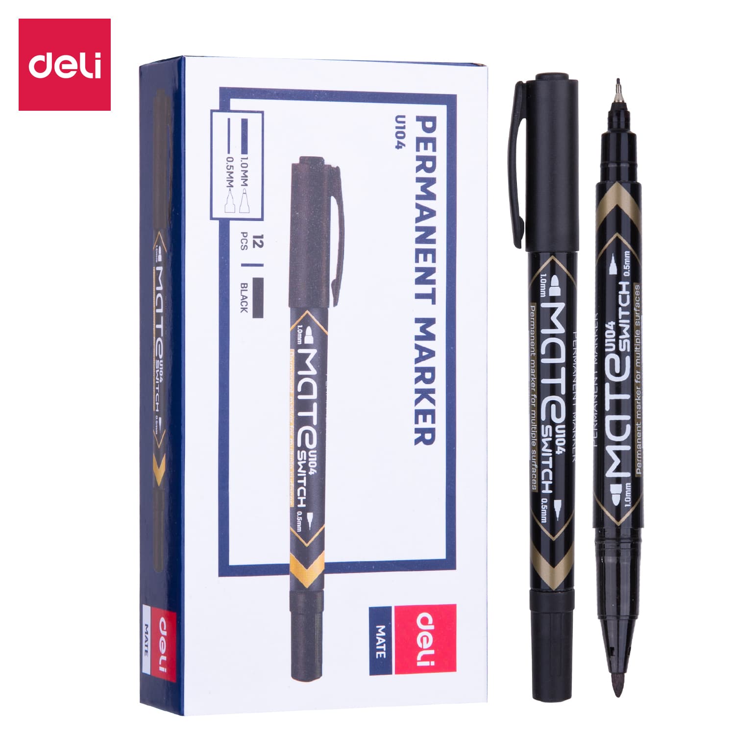 Deli EU10420 Permanent Marker Dual Tip 0.5mm & 1.0mm Waterproof Black Marker | Quick-Dry Low Odor Ink
