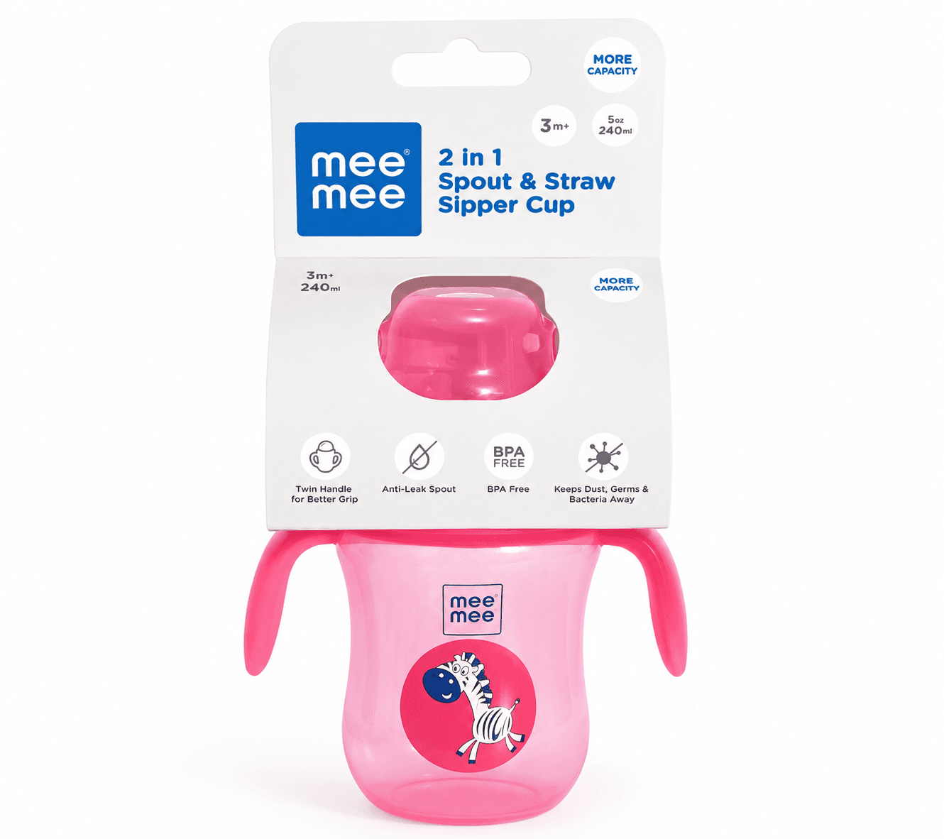 Mee Mee 2-in-1 Spout & Straw Sipper Cup – Pink, 240ml