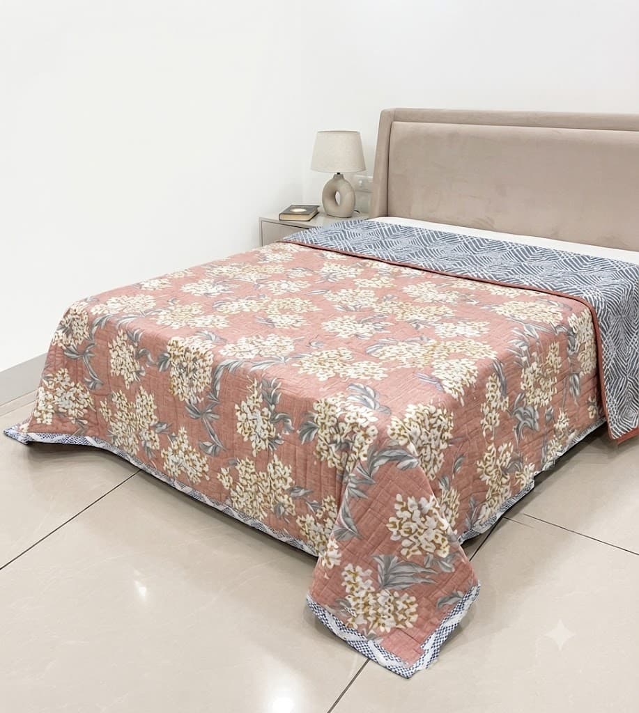 Blush Floral Summer Quilt | Lightweight Reversible Cotton Quilt for Double Bed