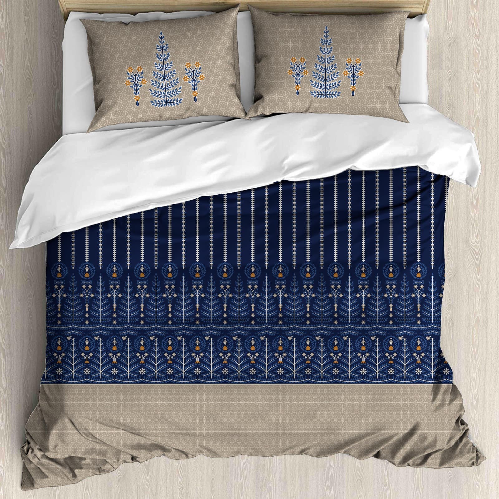 Premium Navy Blue & Beige Floral Cotton King Size Bedsheet with Designer Pillow Covers (108 x 108 Inches)
