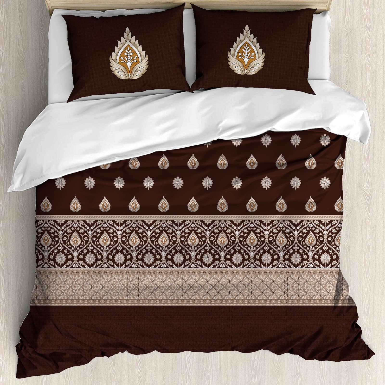 Premium Espresso Brown Paisley Cotton King Size Bedsheet with Designer Pillow Covers (108 x 108 Inches)