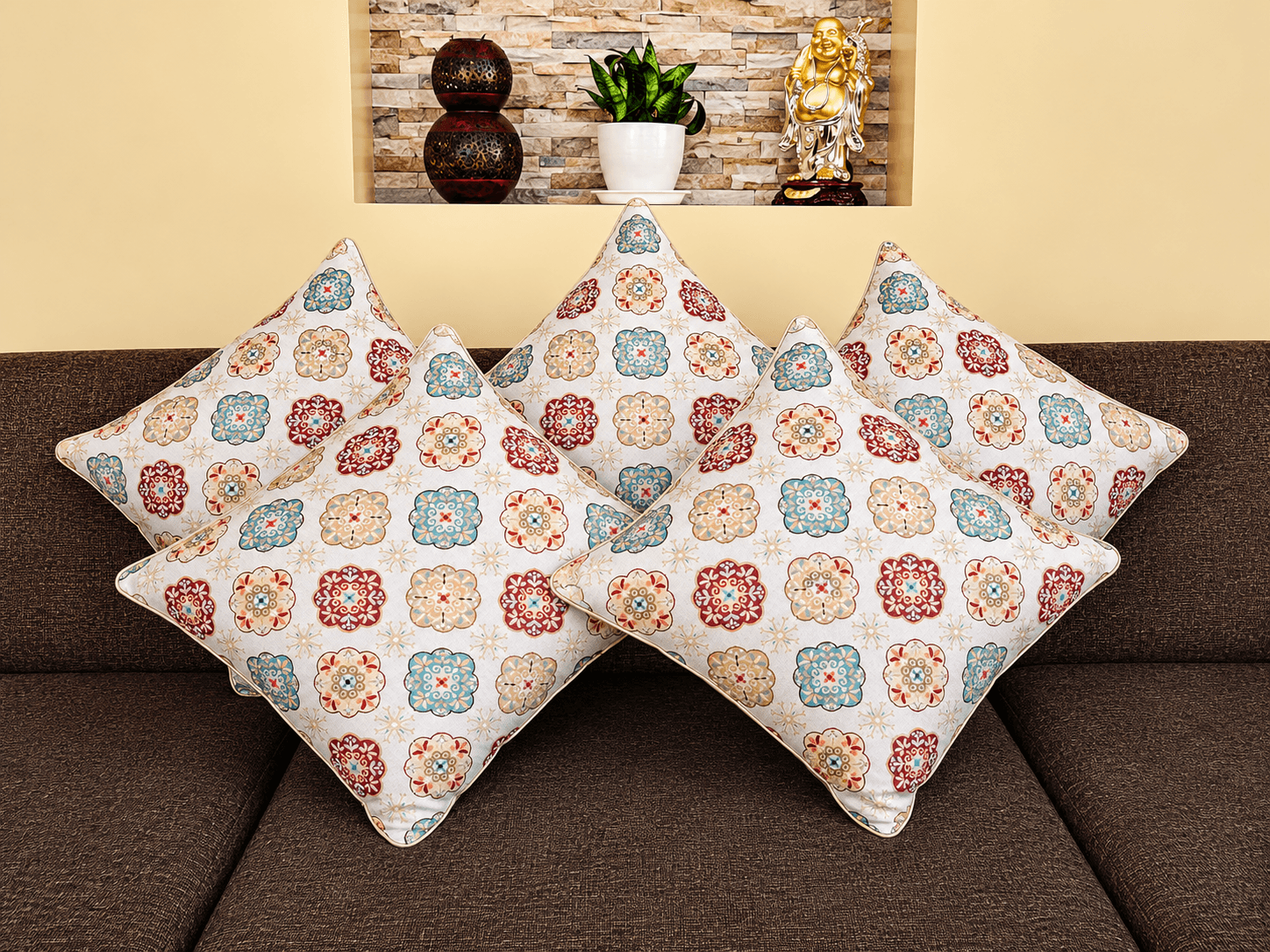 Ivory, Turquoise & Terracotta Cushion Cover Set of 5 – Modern Decorative Pillow Covers