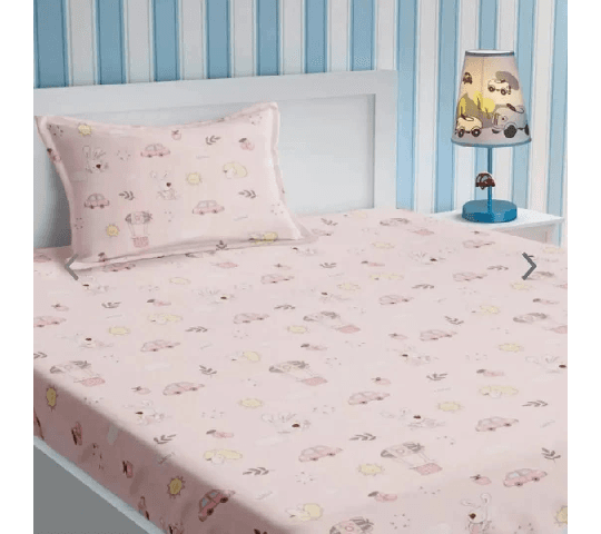 Kids Single Bed Sheet Set with 1 Pillow Cover 60x90 Inches Pure Cotton 200 Thread Count Pink Cartoon Print