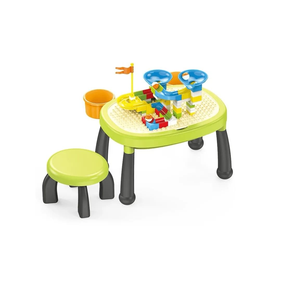4-in-1 Kids Activity & Building Block Table with Storage, Stool & Blocks