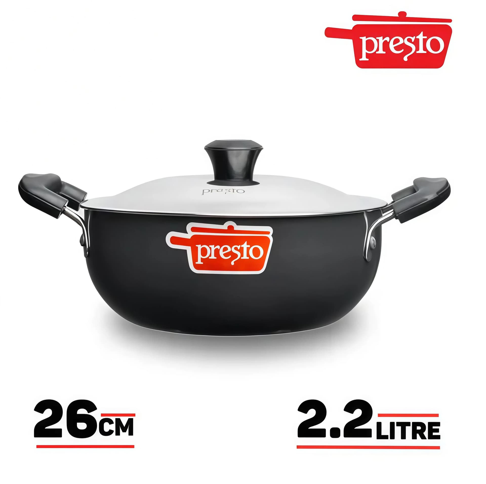 Presto Black Hard Anodized Karhai/Kadhai/Kadai/Karai 260mm with Stainless Steel Lid