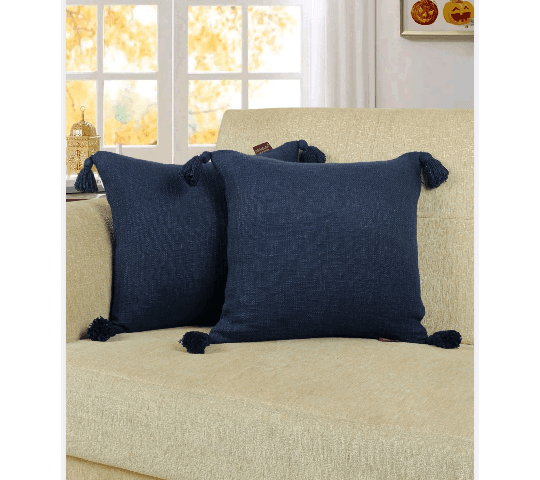 Slub Cotton Cushion Covers Solid Blue 16x16 Inches with Tassels & Hidden Zipper Closure - per pcs 250