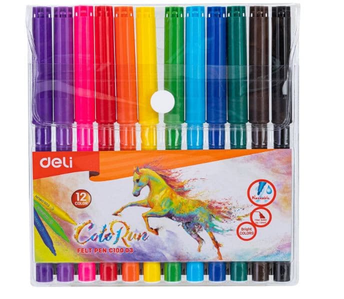 Deli EC10000 Washable Felt Pen Set – 12 Bright Colors | Premium Coloring Pens for Kids, School & Art Projects