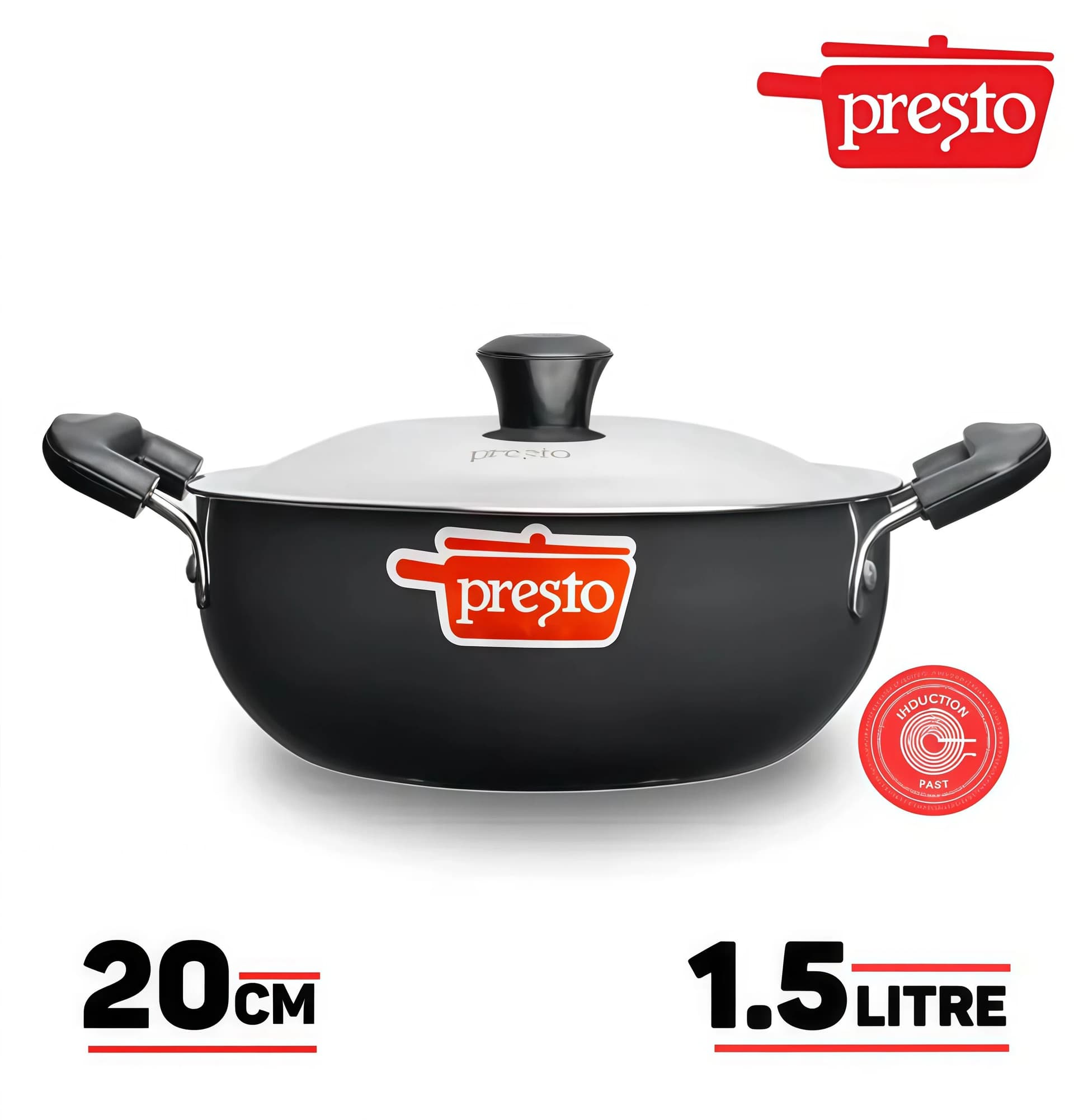 Presto Black Hard Anodized Karhai/Kadhai/Kadai/Karai 200mm with Stainless Steel Lid - Induction Compatible