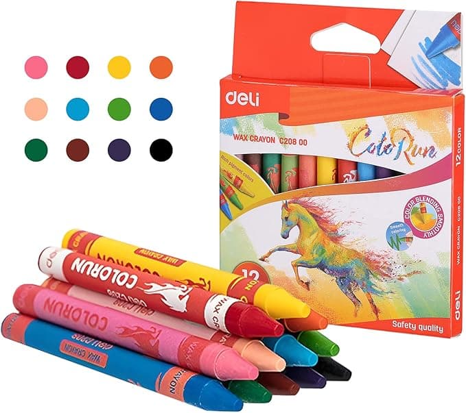 Deli EC20800 Wax Crayon 12 Color Set | Non-Toxic Smooth Coloring Crayons for Kids
