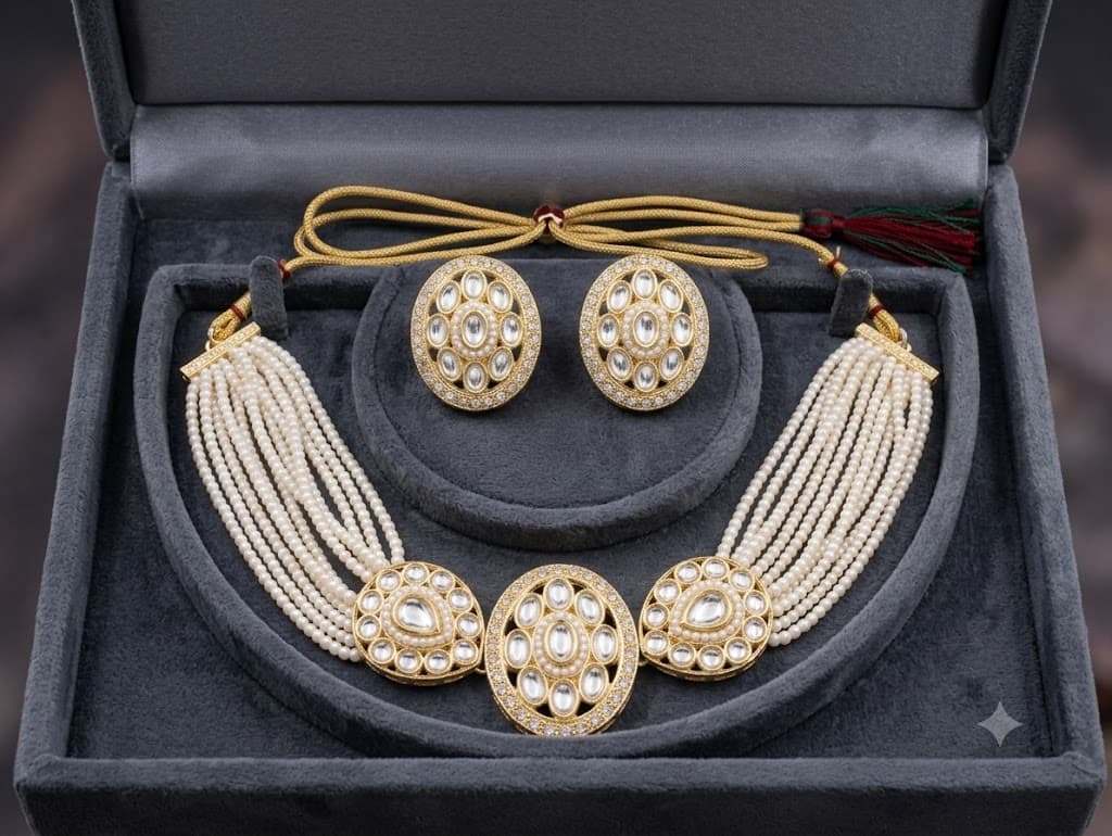 Kundan & Multi-Strand Pearl Choker Set – Bridal Pearl Necklace with Matching Earrings
