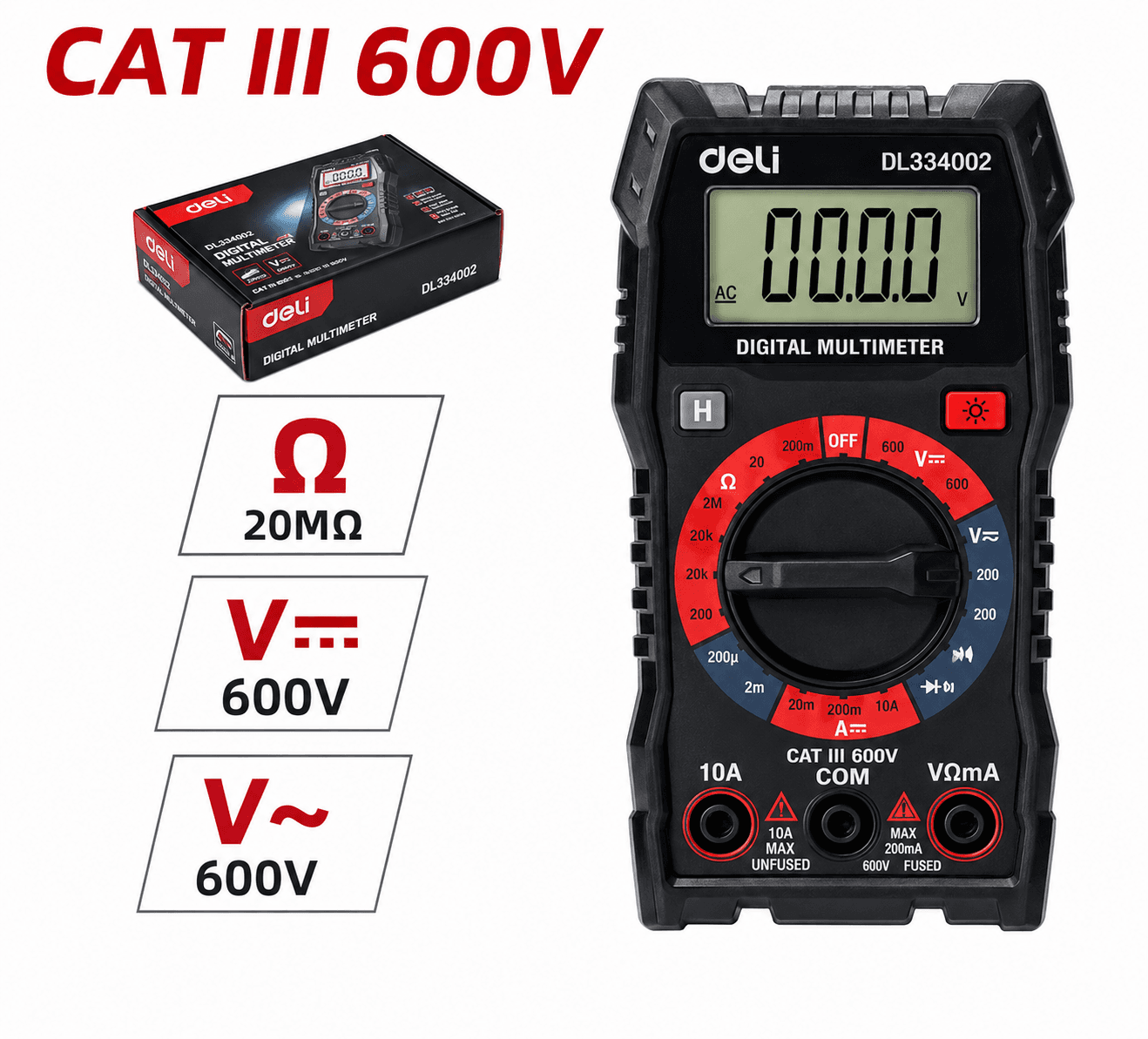 Deli Tools EDL334301 Digital Multimeter CAT III 600V 3½ Digit LCD Electrical Tester