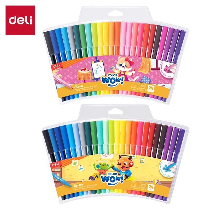 Deli EC165-24 Felt Pen – 24 Color Washable Fiber Tip Coloring Pens for Kids & Students