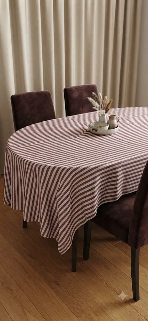 Burgundy & Cream Striped Oval Tablecloth – Elegant Washable Dining Table Cover